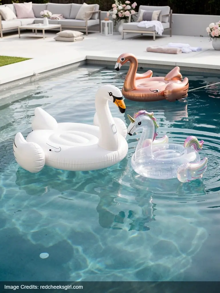 Elegant pool floats including swan and flamingo decorations arranged in swimming pool for baby shower party