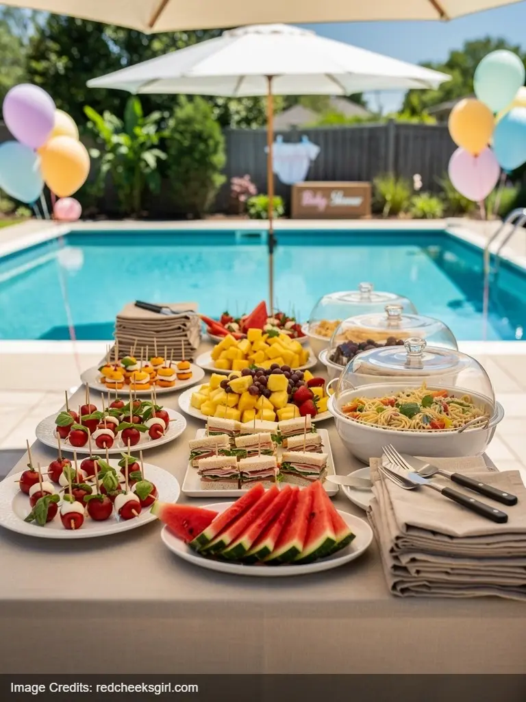 Pool-safe baby shower food station with covered dishes, fresh fruit, and appetizers arranged away from pool