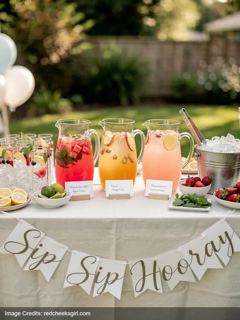 Sip Sip Hooray mocktail bar with labeled drink pitchers and garnishes for pregnant mom baby shower