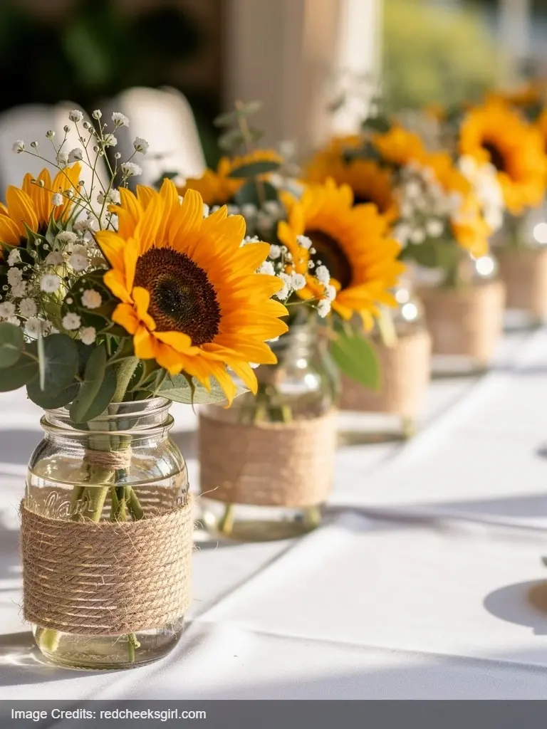 Simple sunflower centerpieces in mason jars with jute twine for baby shower table decor