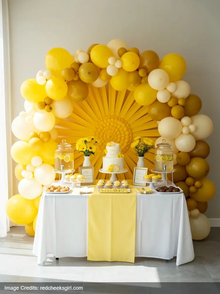 Yellow balloon arch in multiple shades behind baby shower food table setup