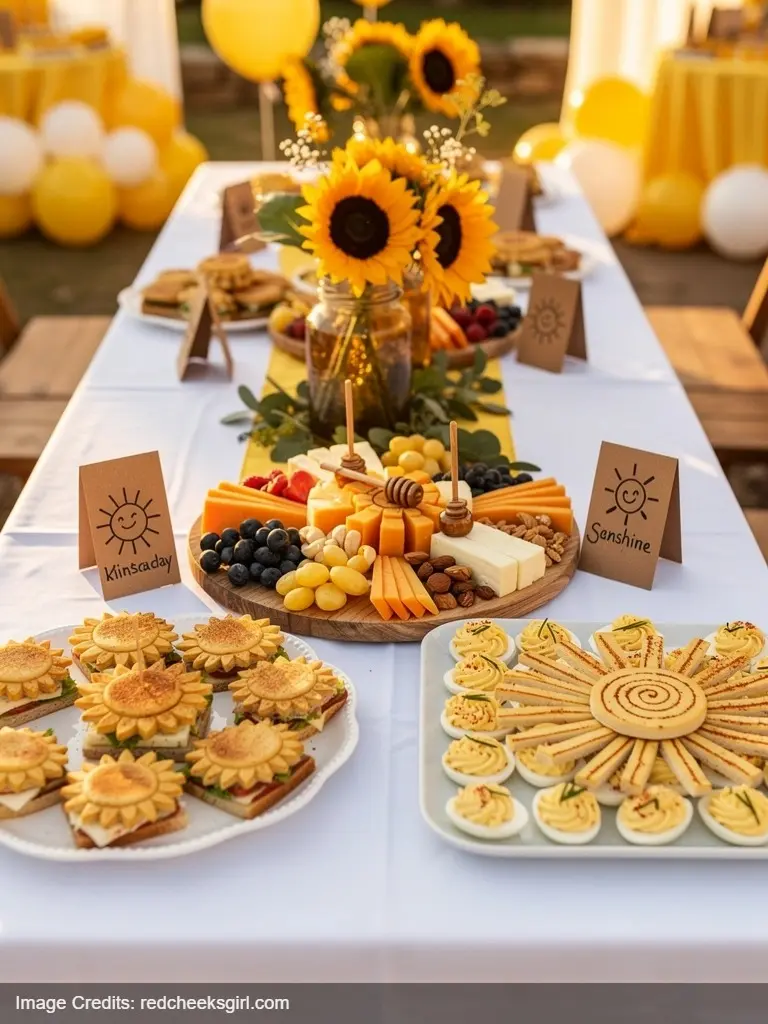 Complete sunshine themed baby shower food table with sun-shaped foods and themed labels