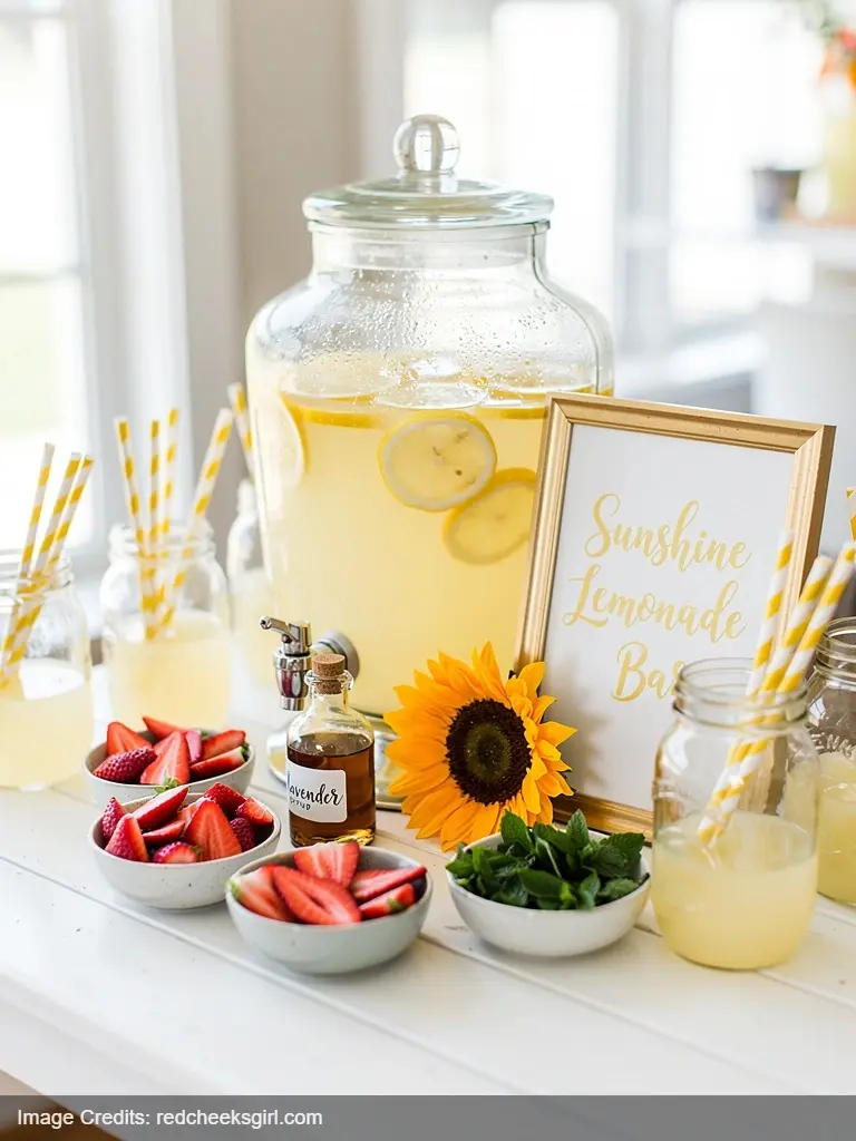 Sunshine lemonade bar setup with glass dispenser and fresh fruit add-ins for baby shower