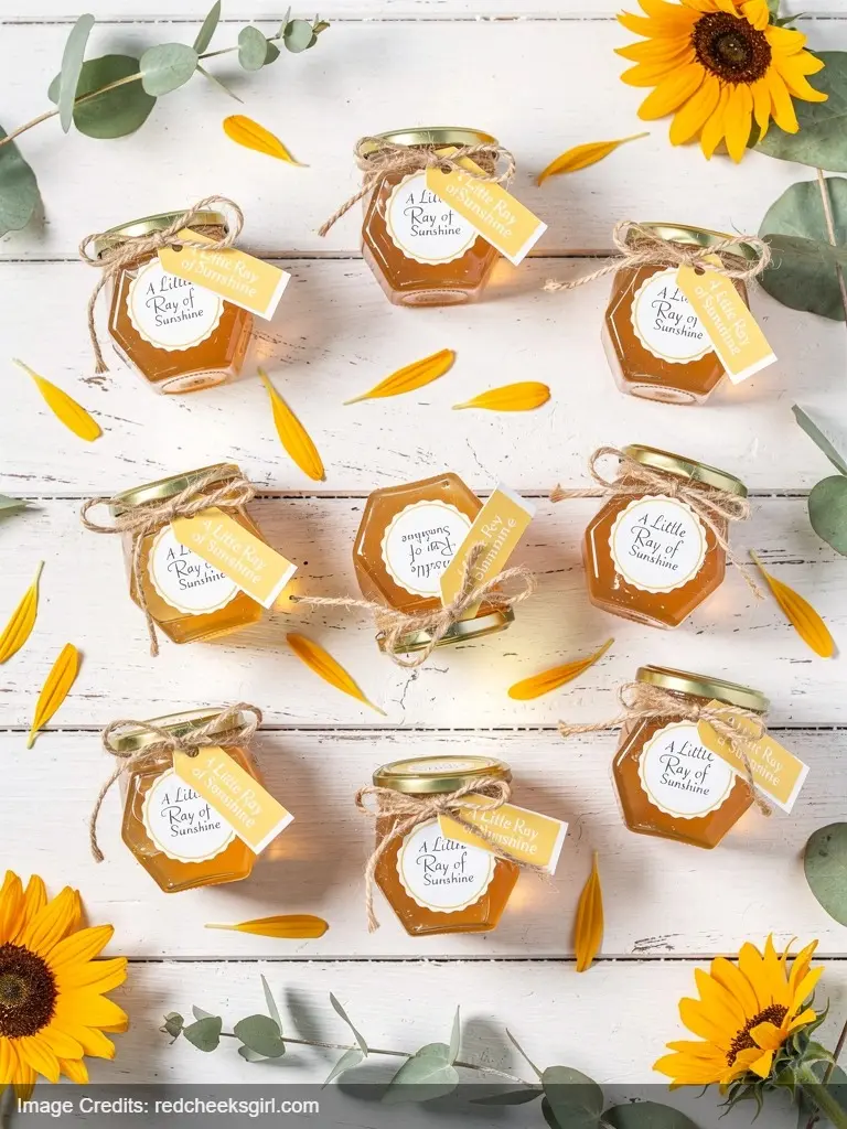 Honey jar baby shower favors with sunshine themed tags and jute twine