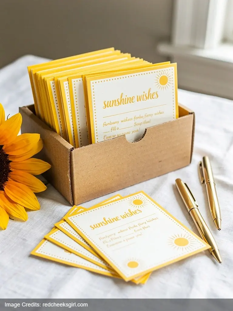 Sunshine wishes guest activity cards with sun illustrations for baby shower memory keeping