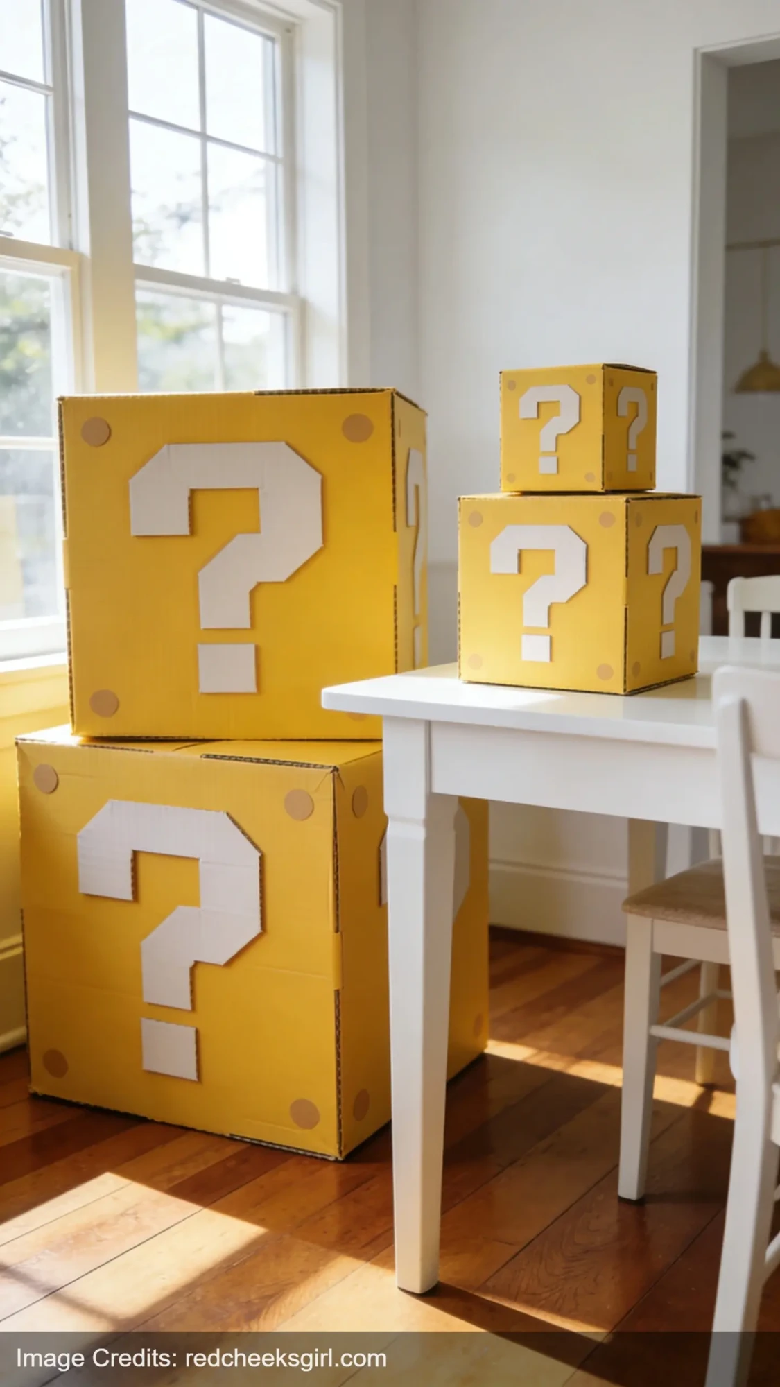 DIY yellow question block decorations in various sizes arranged on dining table and floor