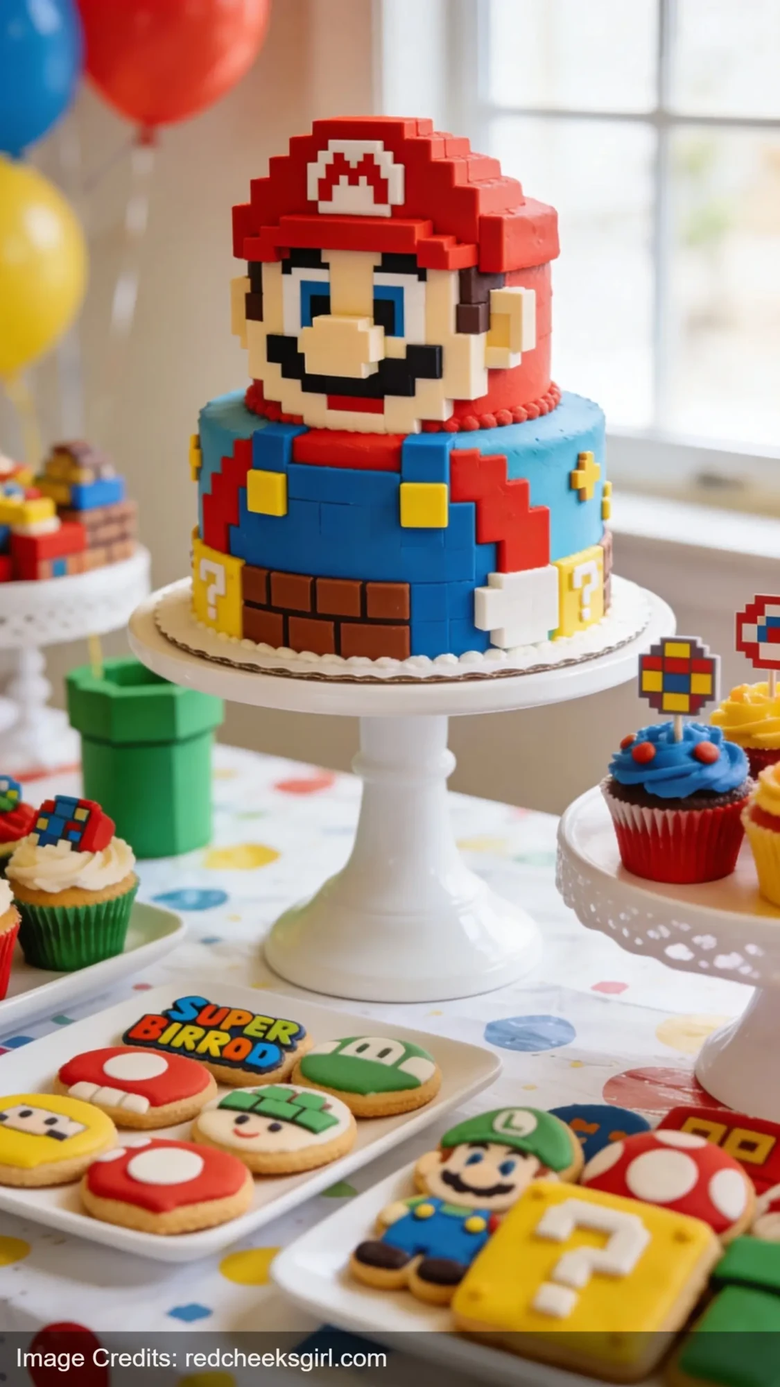 Super Mario pixel art birthday cake and themed desserts on party dessert table