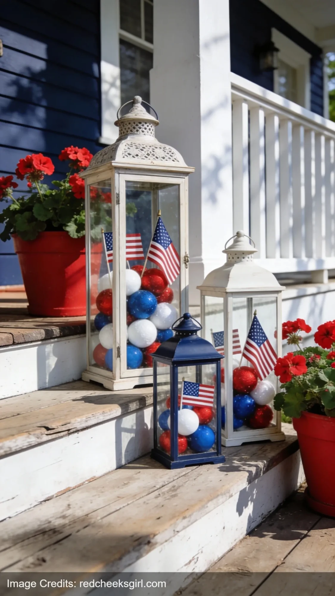 patriotic lanterns with red white blue decorations on front porch steps for 4th of July