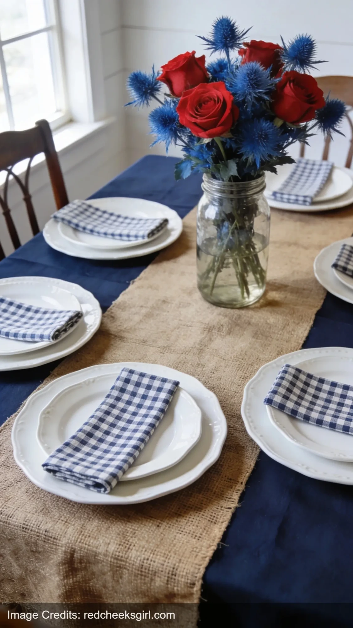 patriotic tablescape with navy linen burlap runner mason jar centerpiece for 4th of July