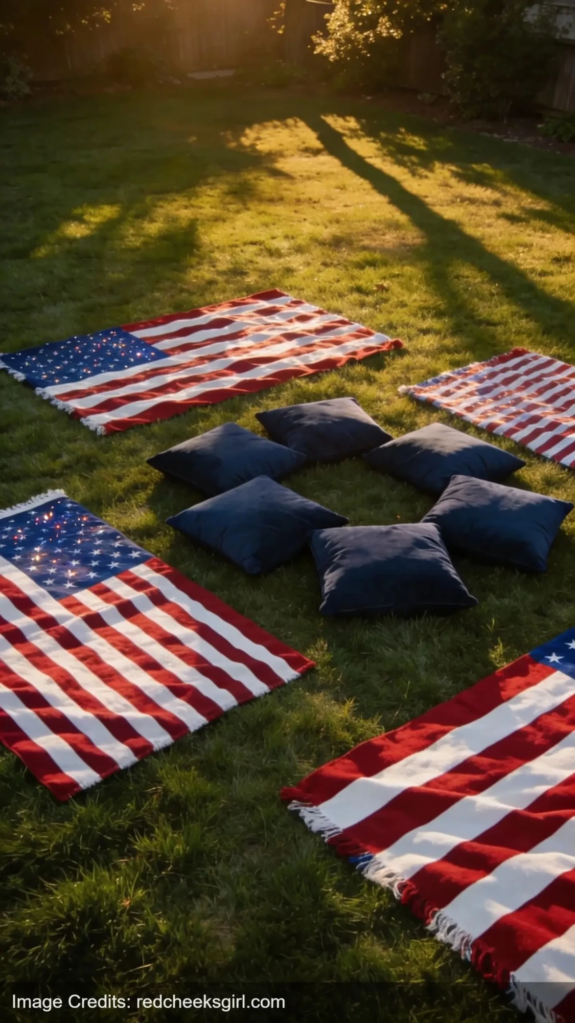 patriotic blankets and pillows arranged on grass for 4th of July fireworks viewing area