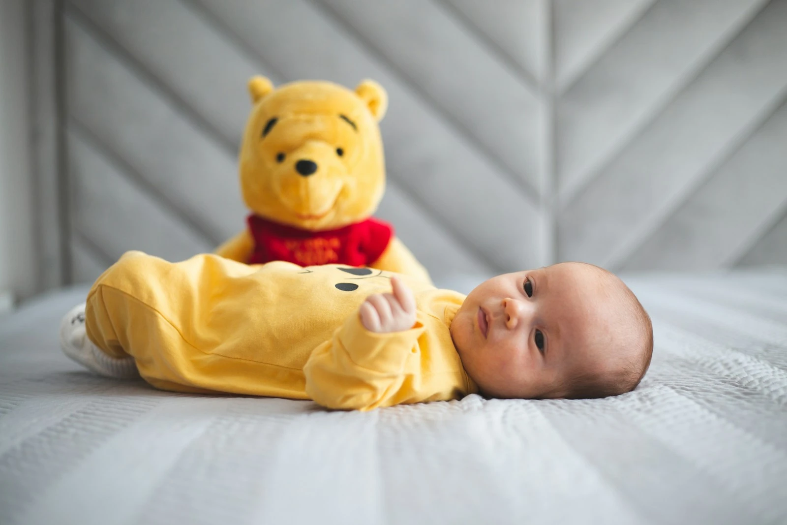 Newborn baby with winnie the pooh plush toy