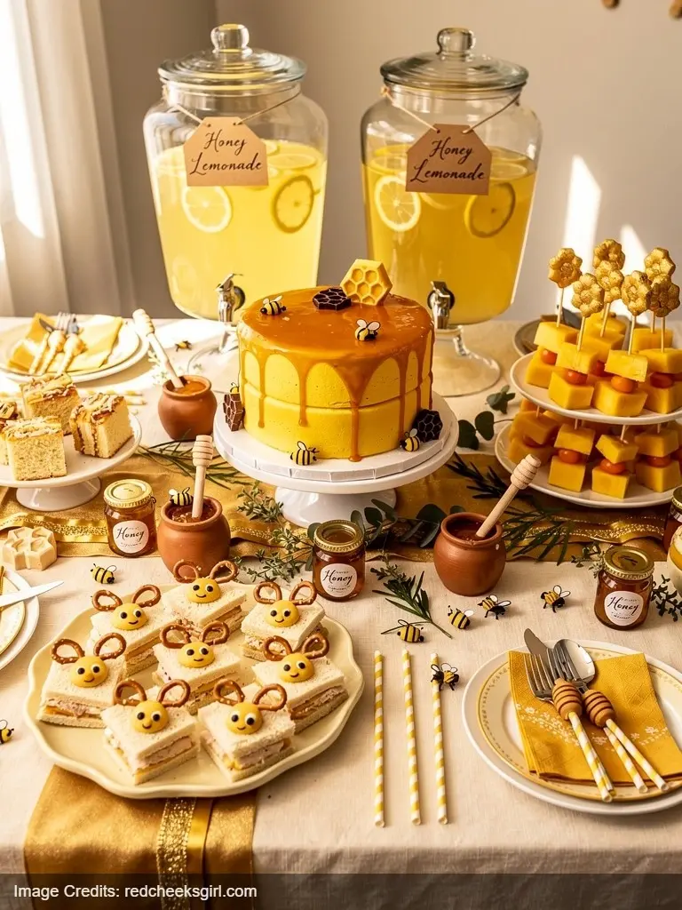 Honey-themed food display table for Winnie the Pooh birthday party with cake and themed snacks