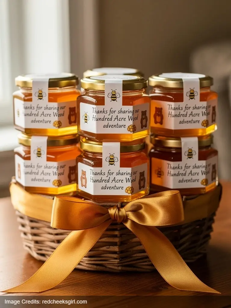 Hunny jar party favors with custom labels for Winnie the Pooh birthday party