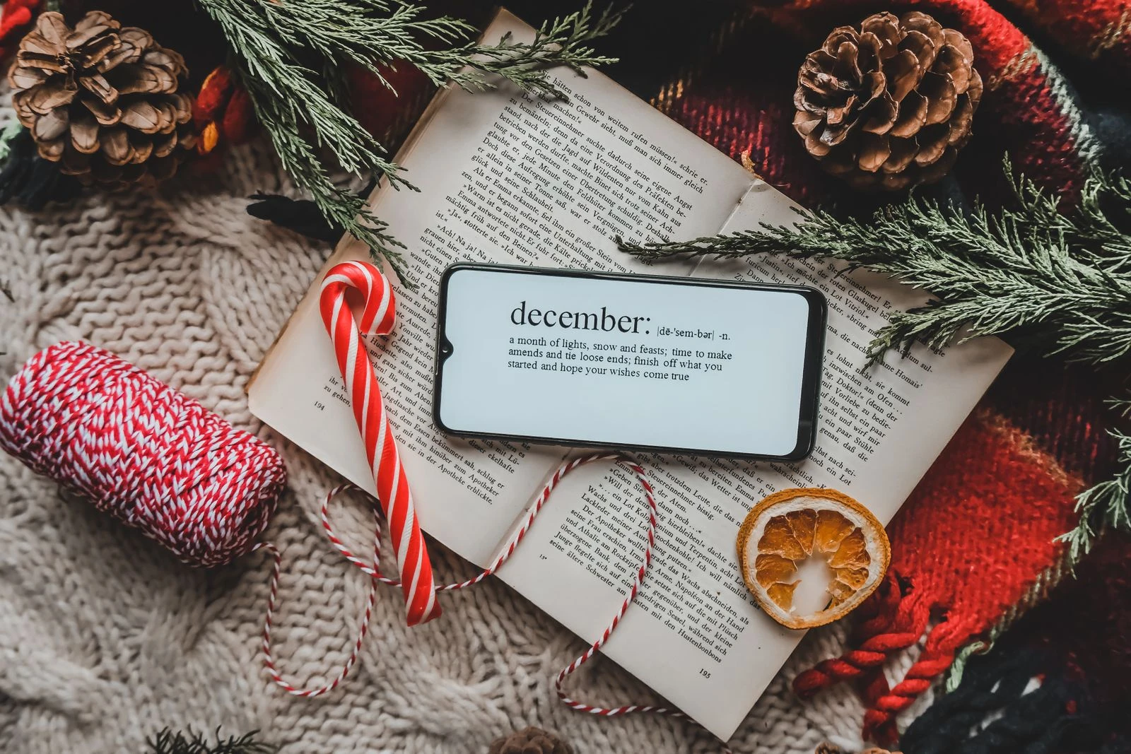 Flat lay of a cozy winter setup with an open book, candy cane, pinecones, and conifer branches for holiday vibes.