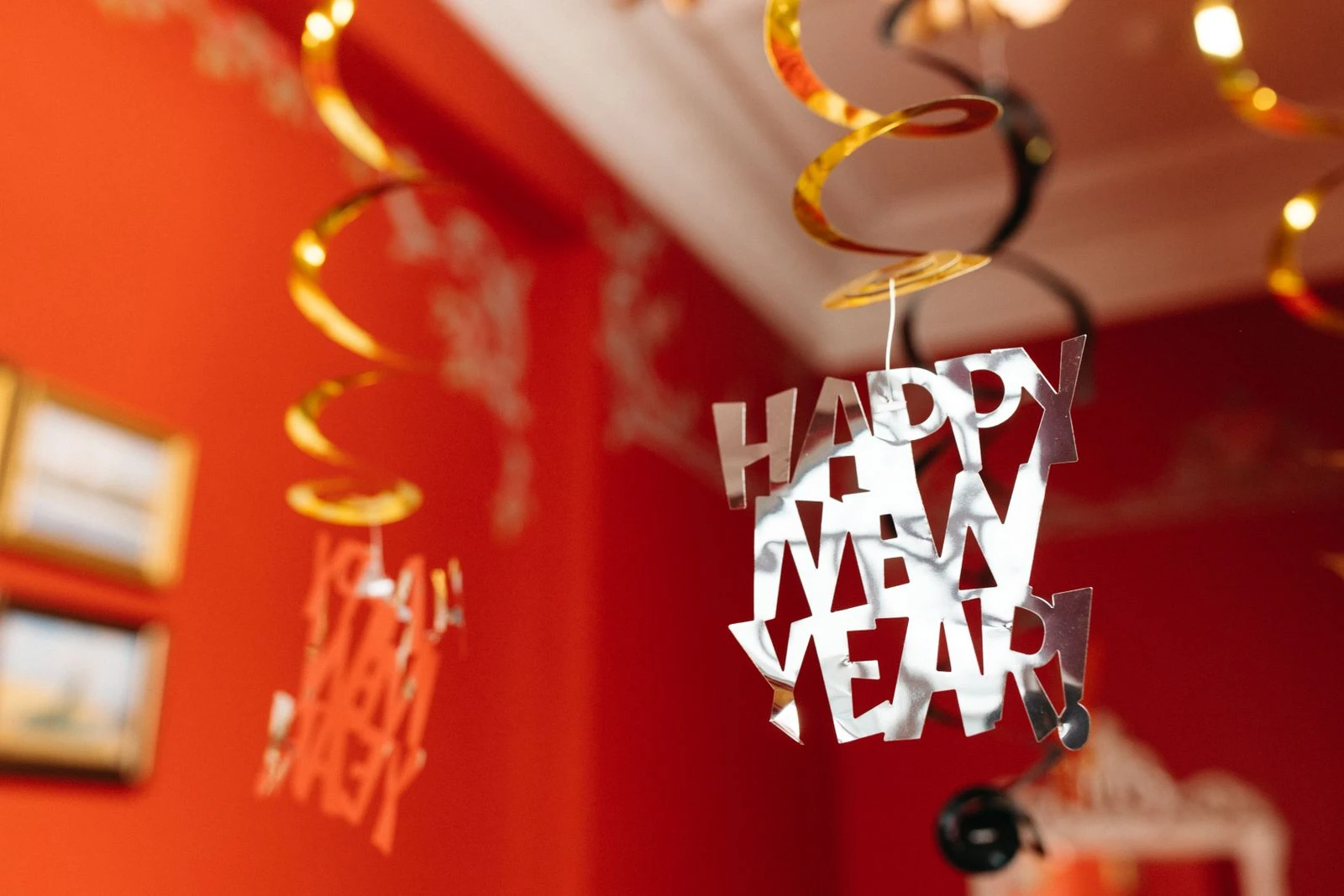 Vibrant New Year's hanging decorations with a festive ambiance.