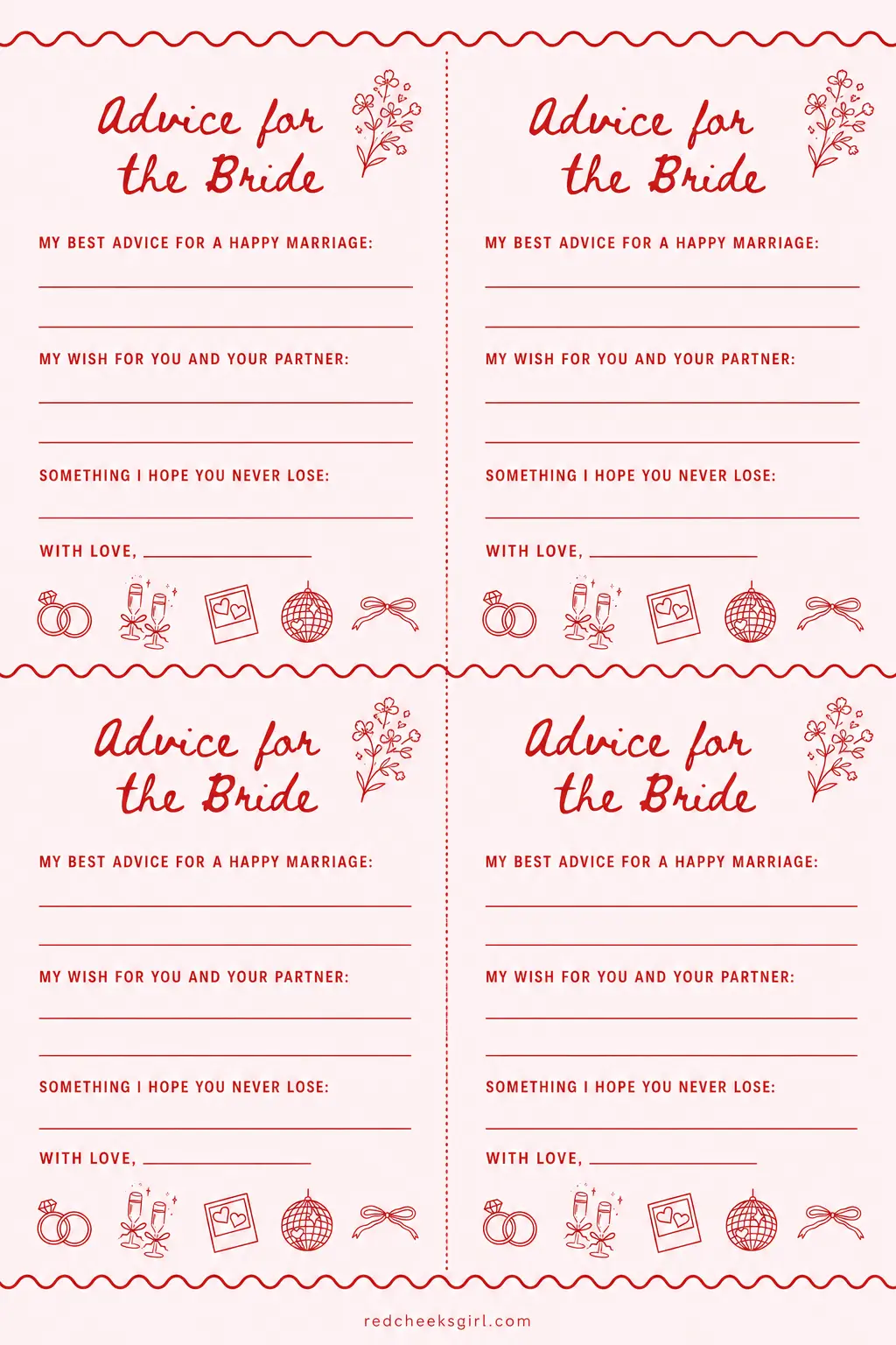 Advice for the Bride Cards printable