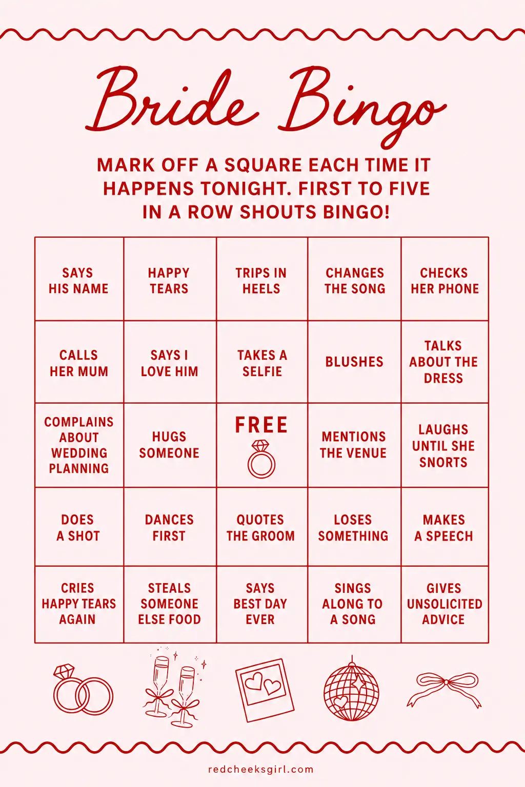 Bride Bingo Sheet printable