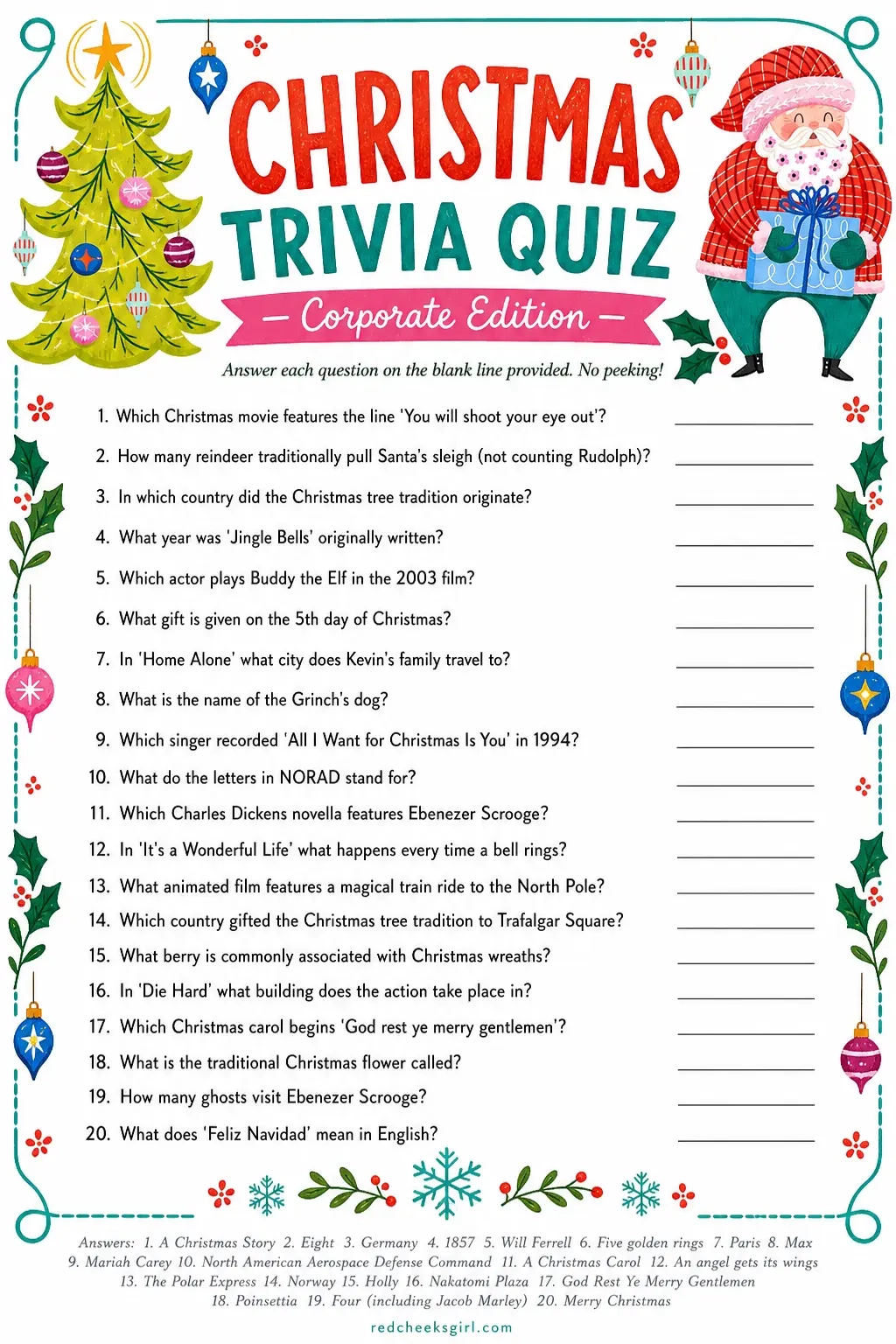 Christmas Trivia Quiz printable