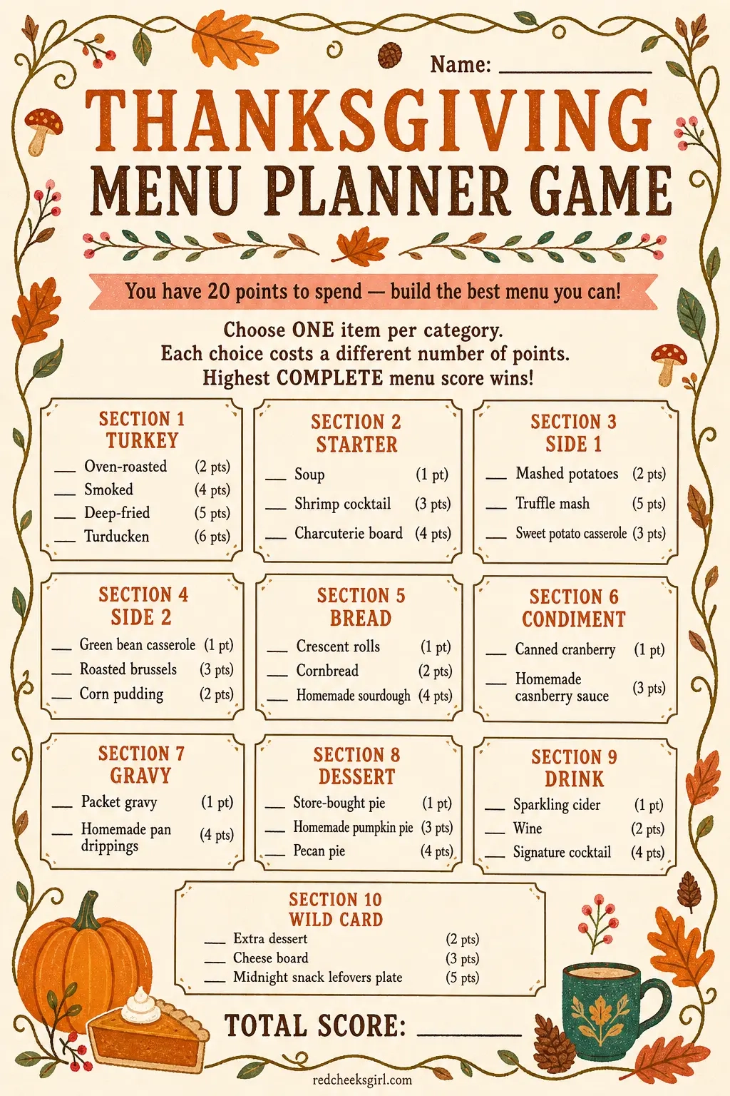 Menu Planner Game Sheet printable