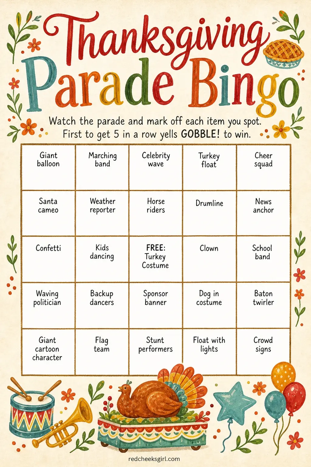 2. Thanksgiving Parade Bingo printable