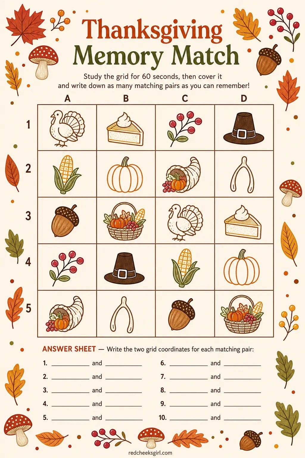 Thanksgiving Memory Match Sheet printable