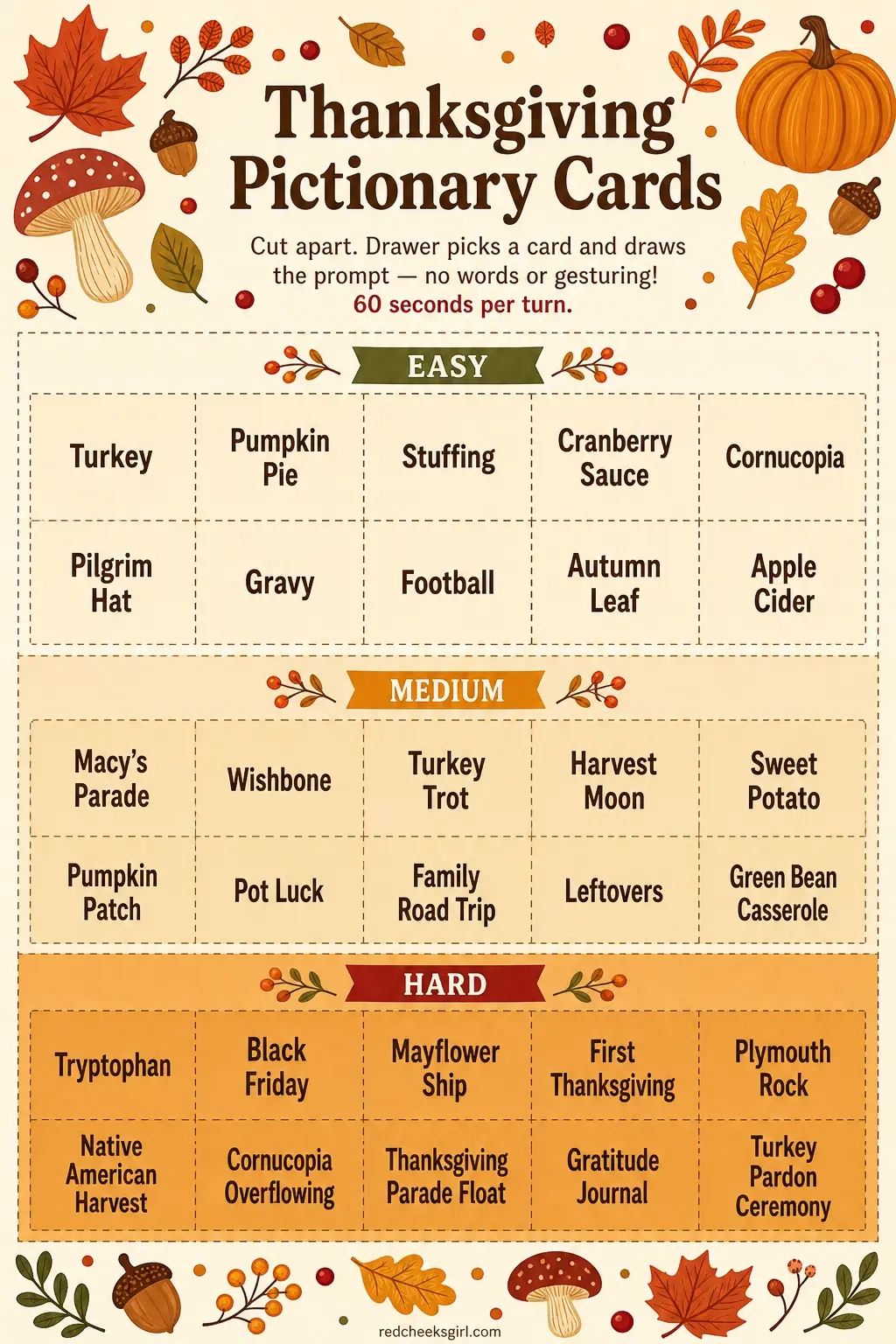 Thanksgiving Pictionary Cards printable