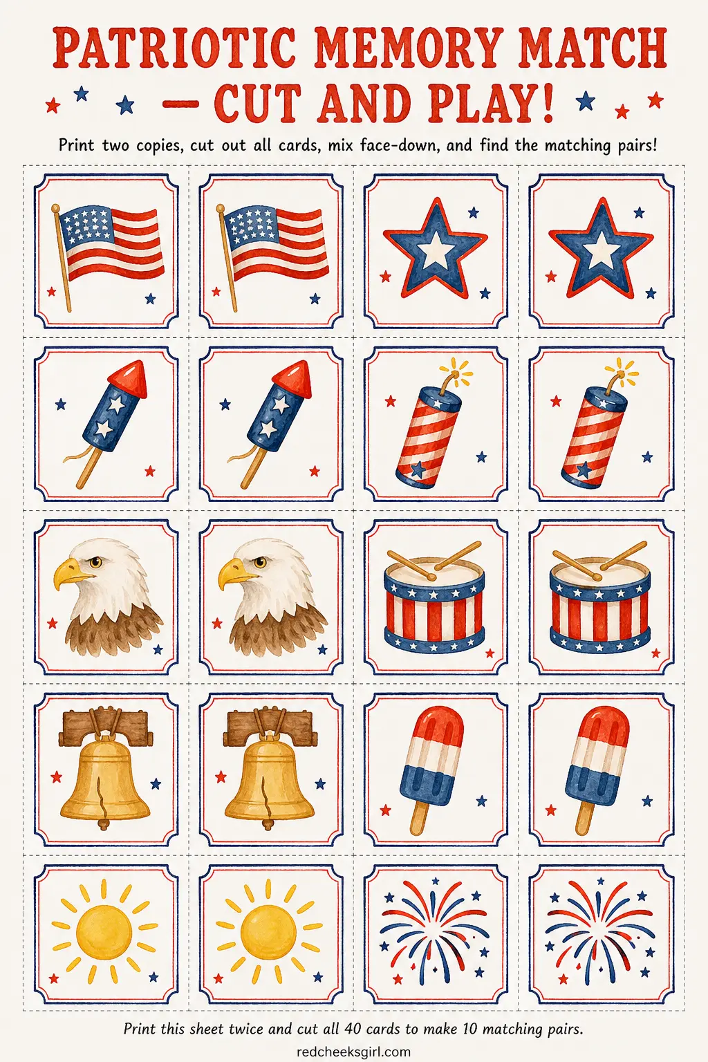 Patriotic Memory Match Cut and Play printable