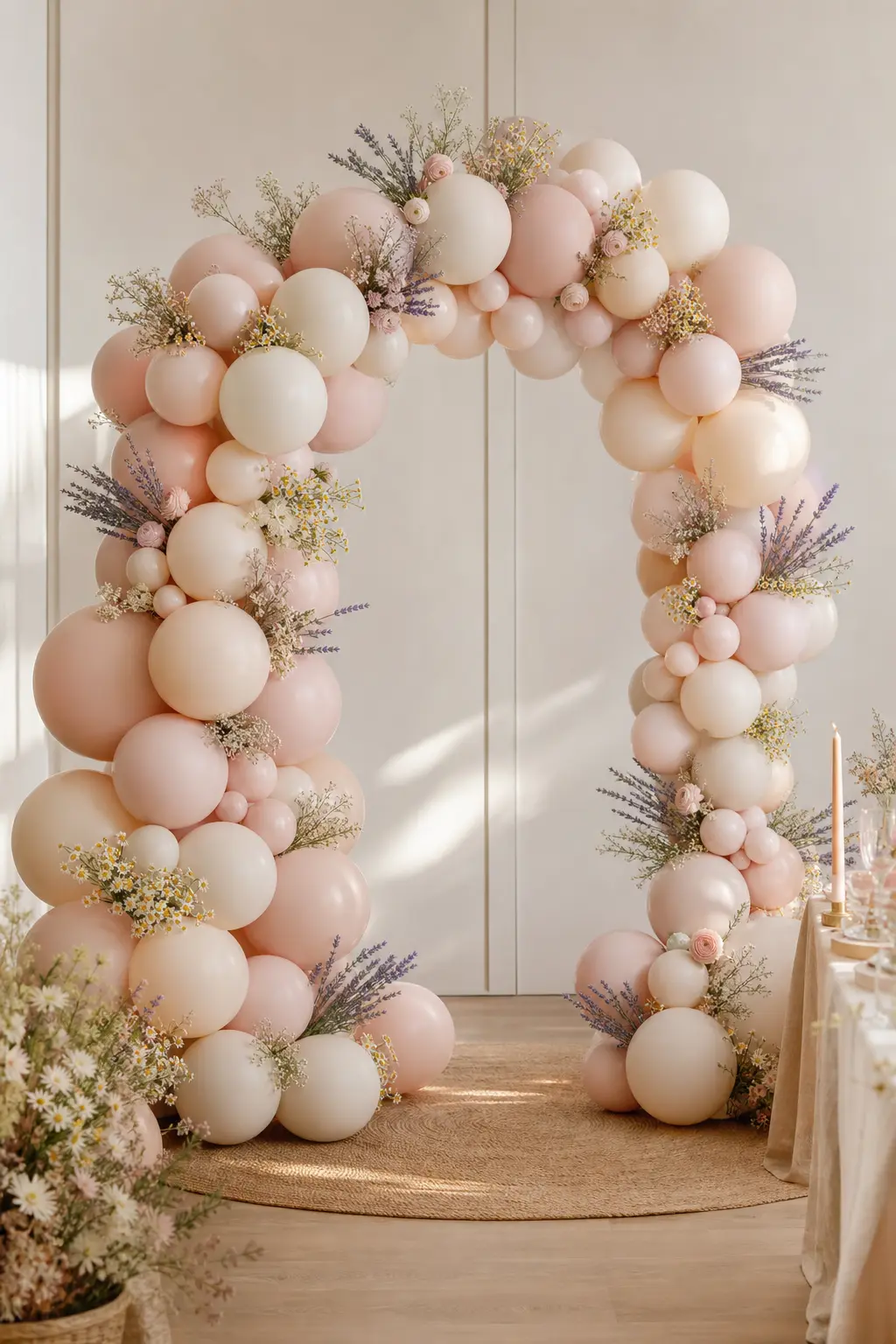 Blush Balloon Arch with Wildflower Sprigs