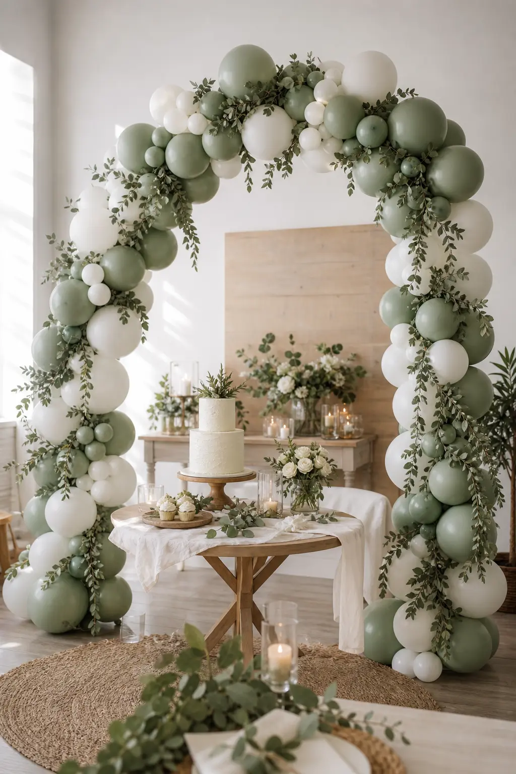 Sage Balloon and Eucalyptus Garland Arch