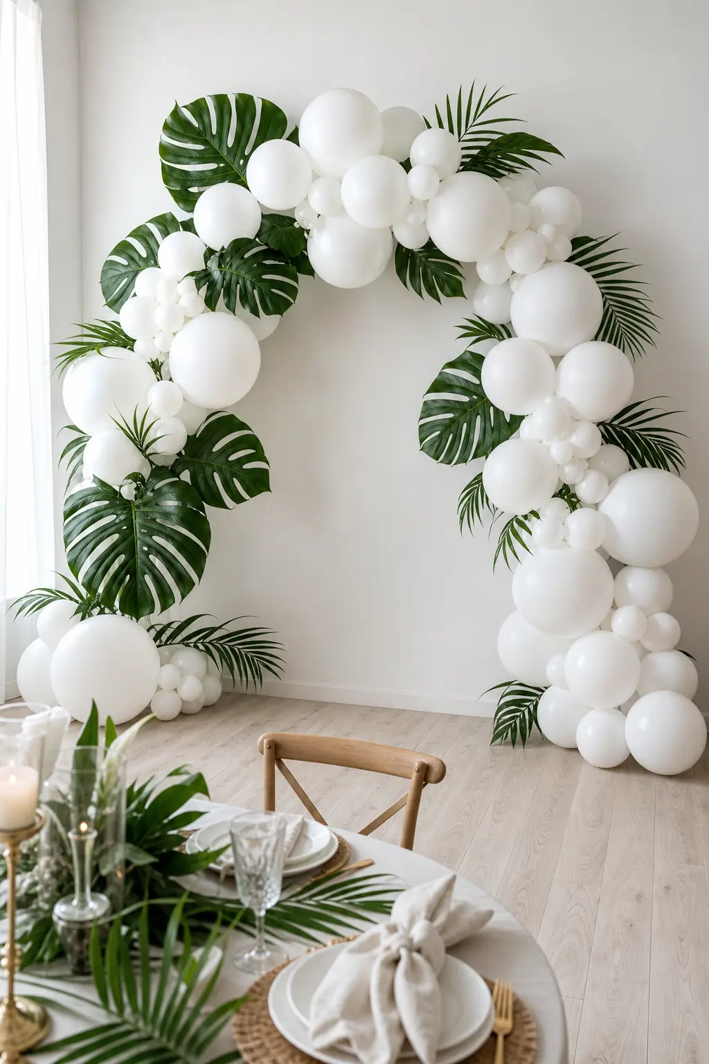 Tropical Greenery and White Balloon Arch