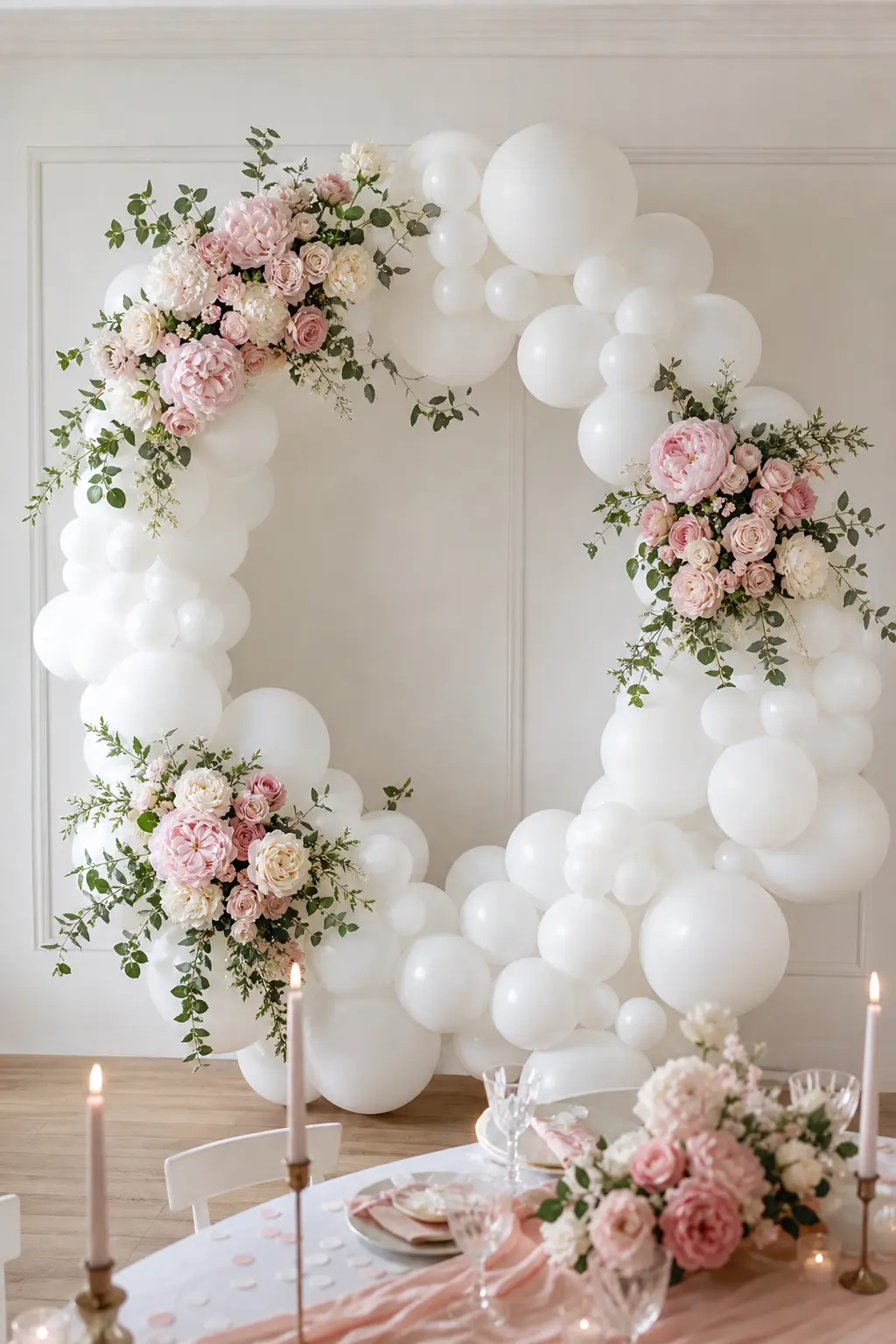 White Balloon Arch with Fresh Peony and Rose Clusters