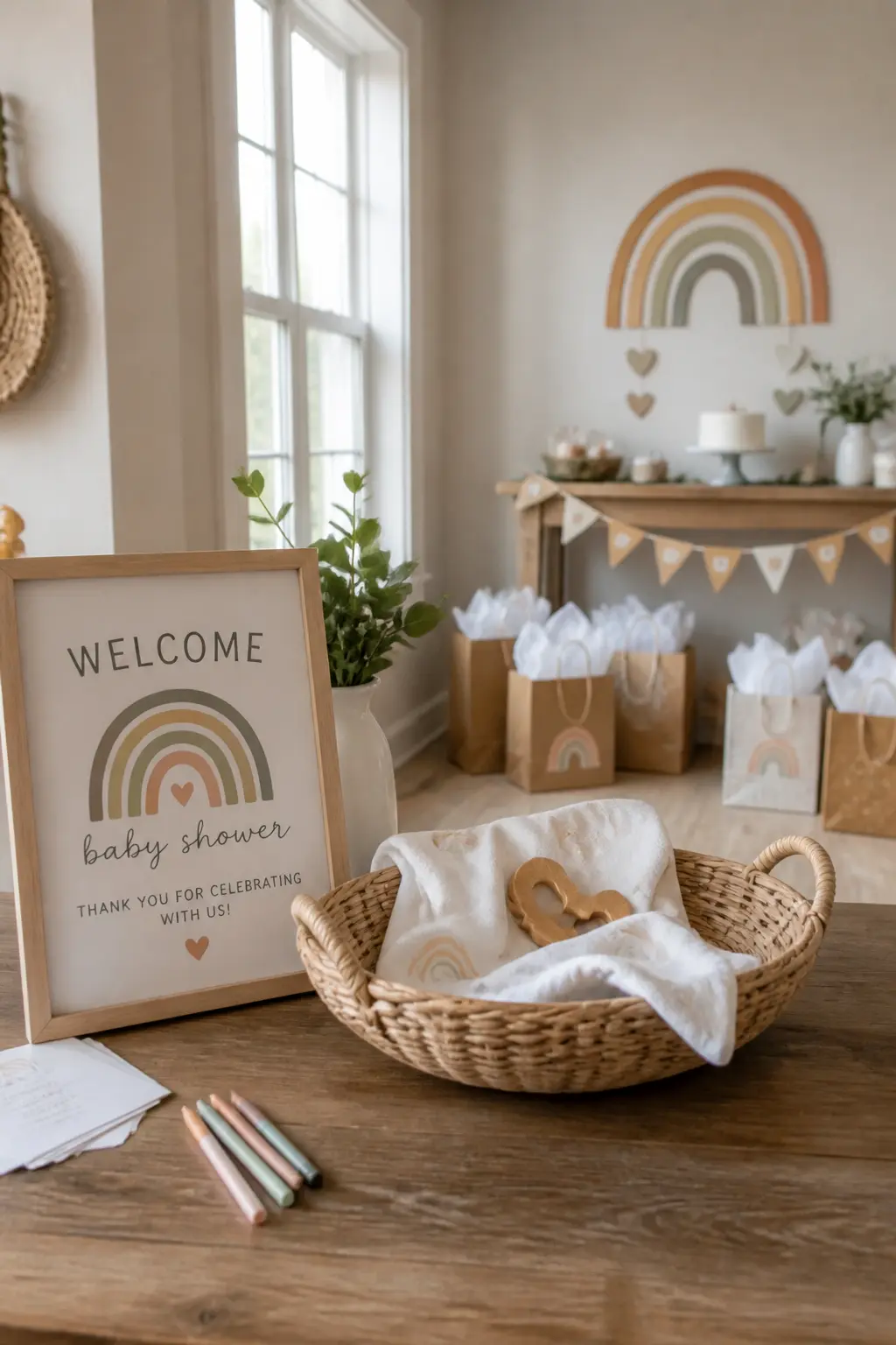 Boho Rainbow Baby Shower Basket