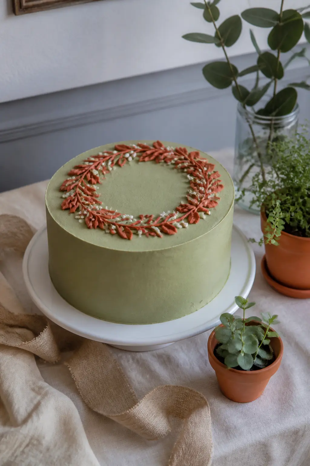 Sage and Terracotta Botanical Wreath Cake