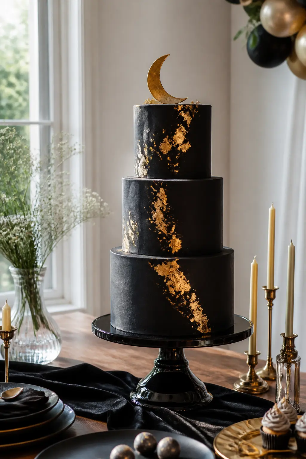 Three-Tier Black and Gold Cake