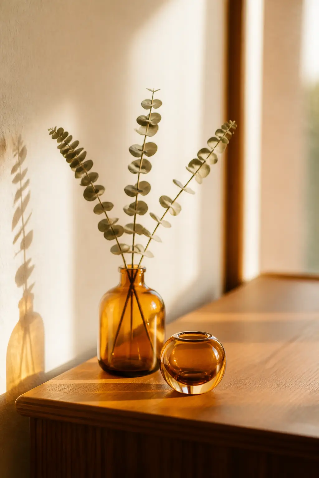 Amber Glass Bud Vase with Dried Eucalyptus Bundle