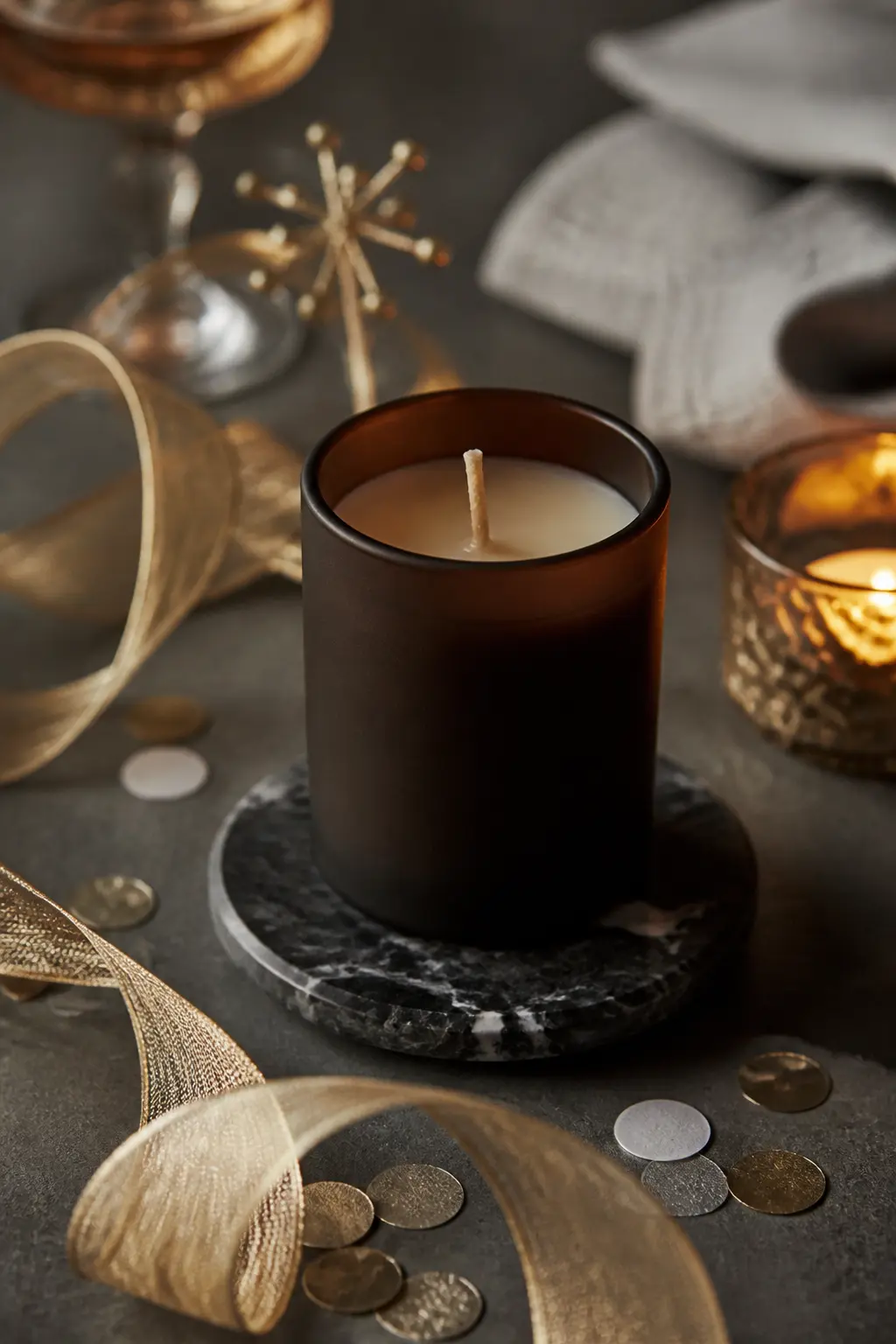 Cedar and Sandalwood Soy Candle in a Dark Glass Vessel