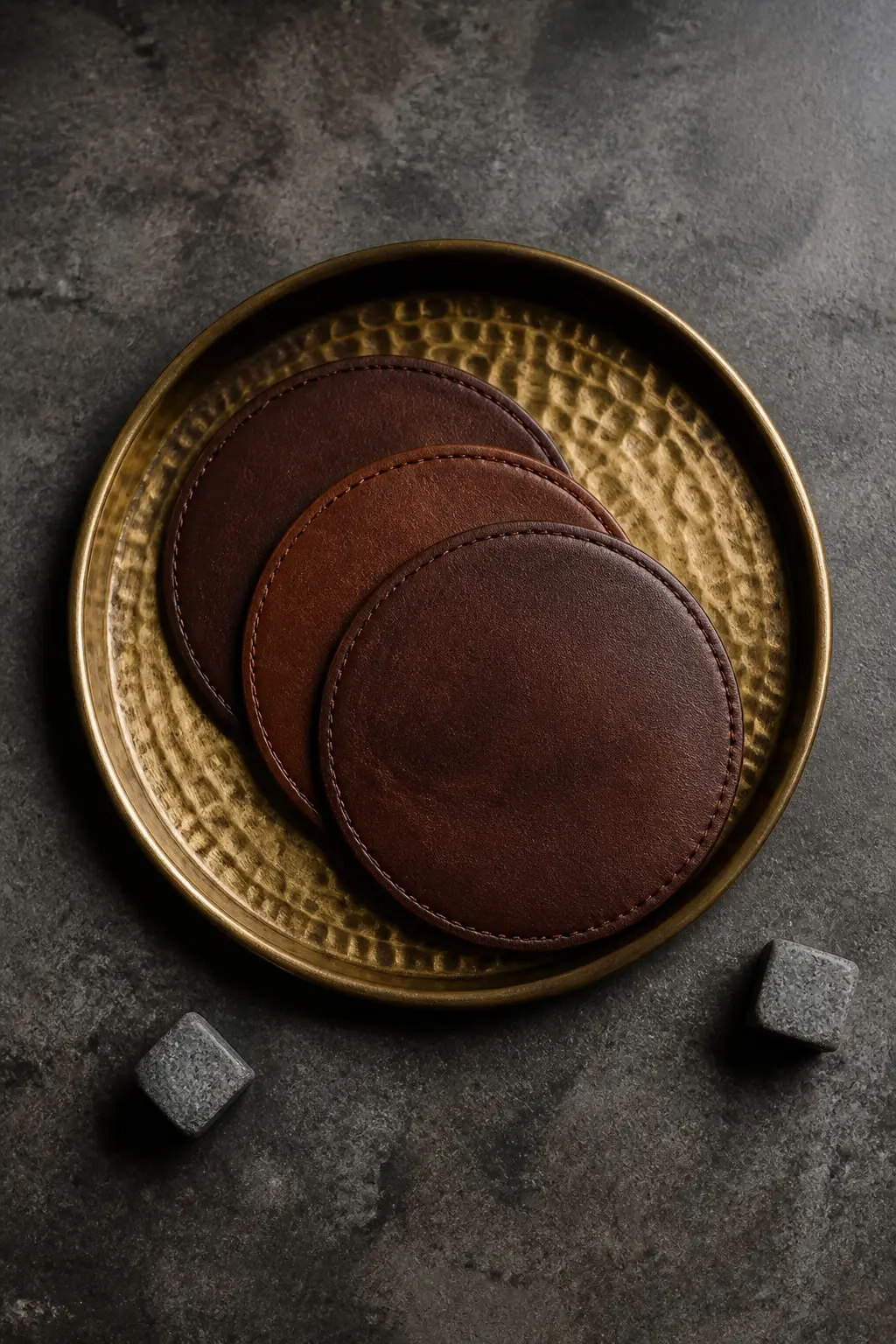 Hammered Brass Tray with Leather Coasters