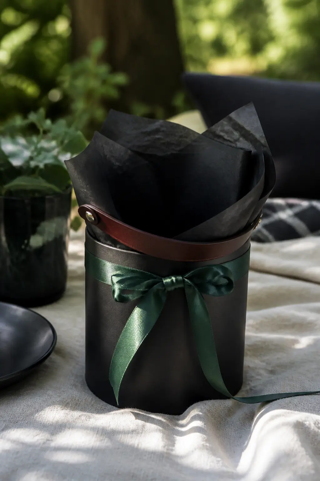 Matte Black Metal Bucket with Leather Handle
