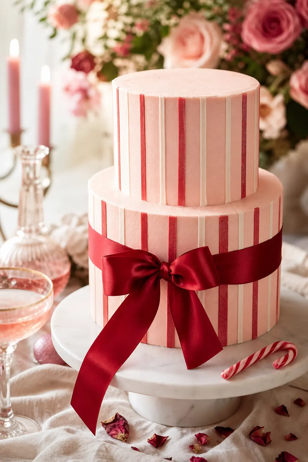 Blush-Pink Coquette Cake with Satin Ribbon and Candy-Cane Stripes