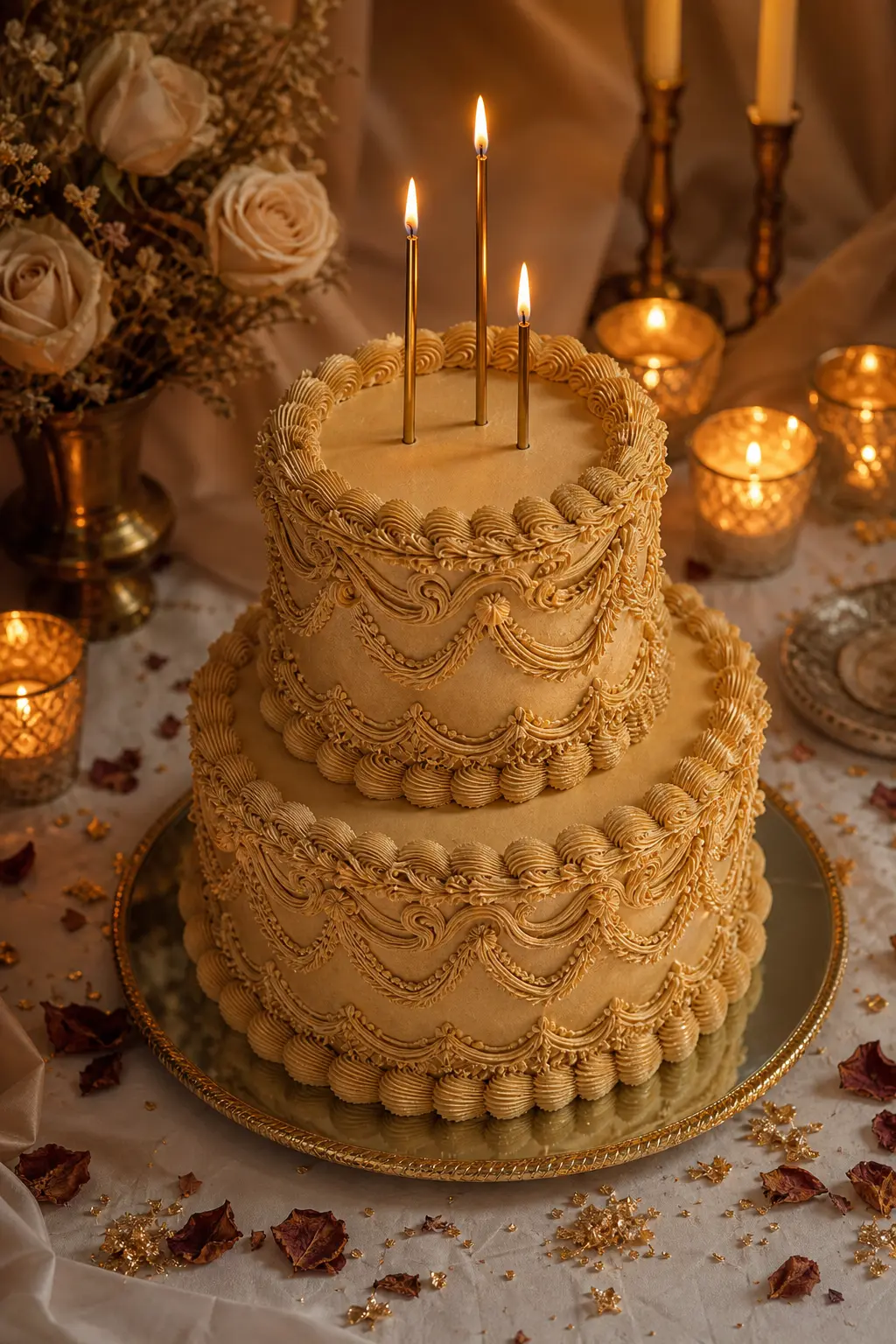 Champagne-Gold Lambeth Cake with Taper-Candle Styling