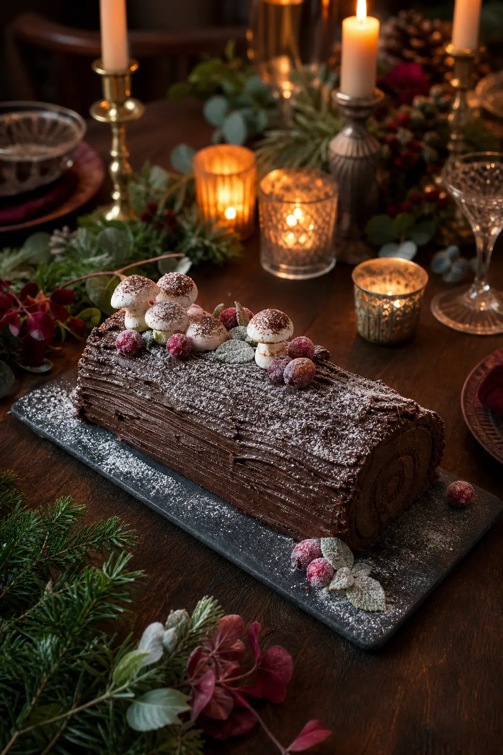 Chocolate Yule Log with Meringue Mushrooms and Cocoa Dusting