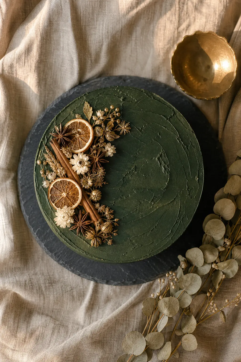 Cottagecore Hunter-Green Cake with Dried Botanicals and Brass Tones