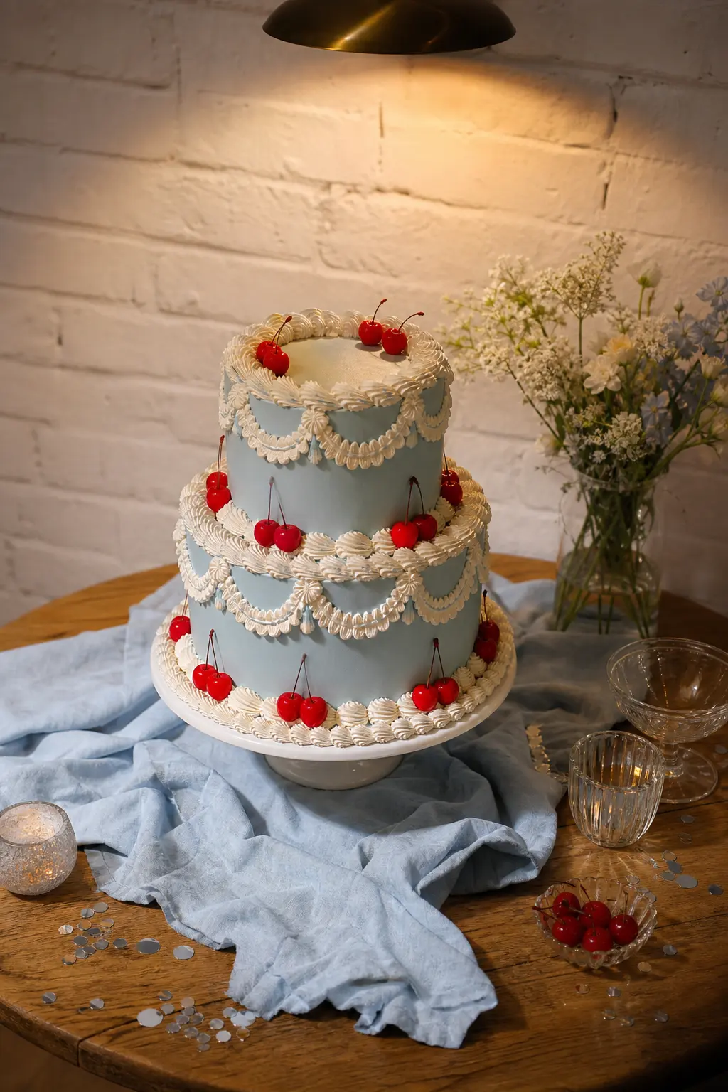 Dusty-Blue Vintage Cake with White Piping and Bright Red Cherries