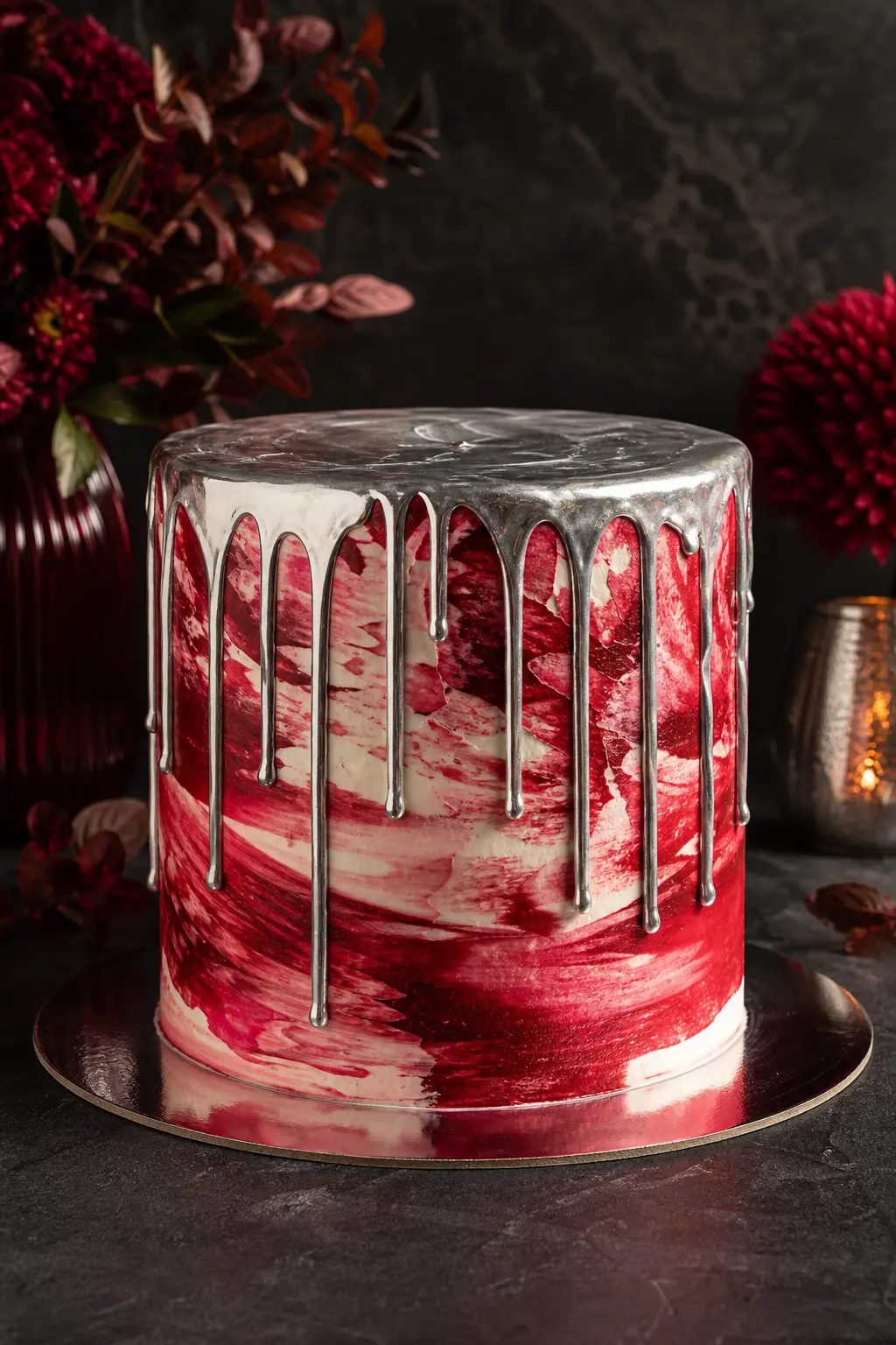 Marbled Red-and-White Cake with a Chrome Drip