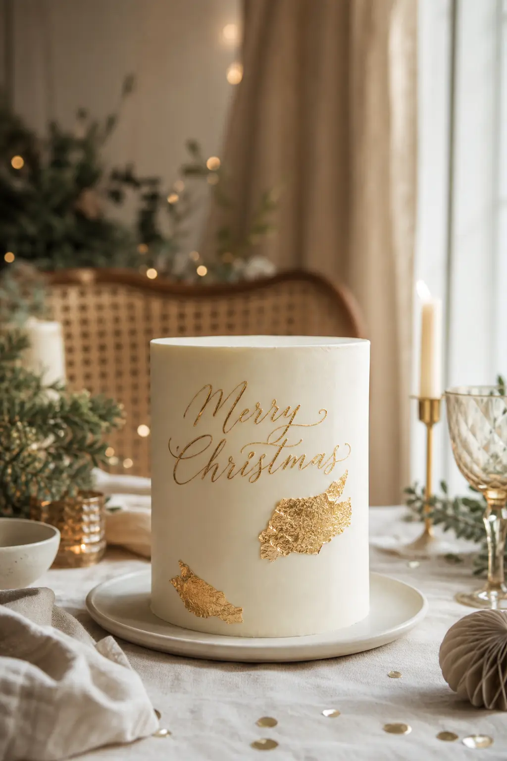 Minimalist White Cake with a Single 'Merry Christmas' Script and Gold Leaf