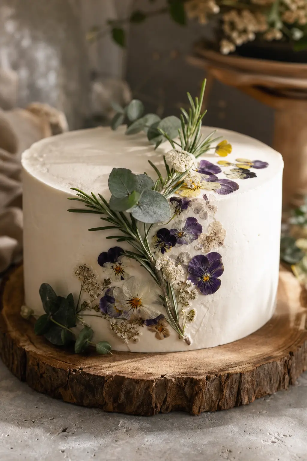 Pressed Edible-Flower and Winter-Greenery Cake
