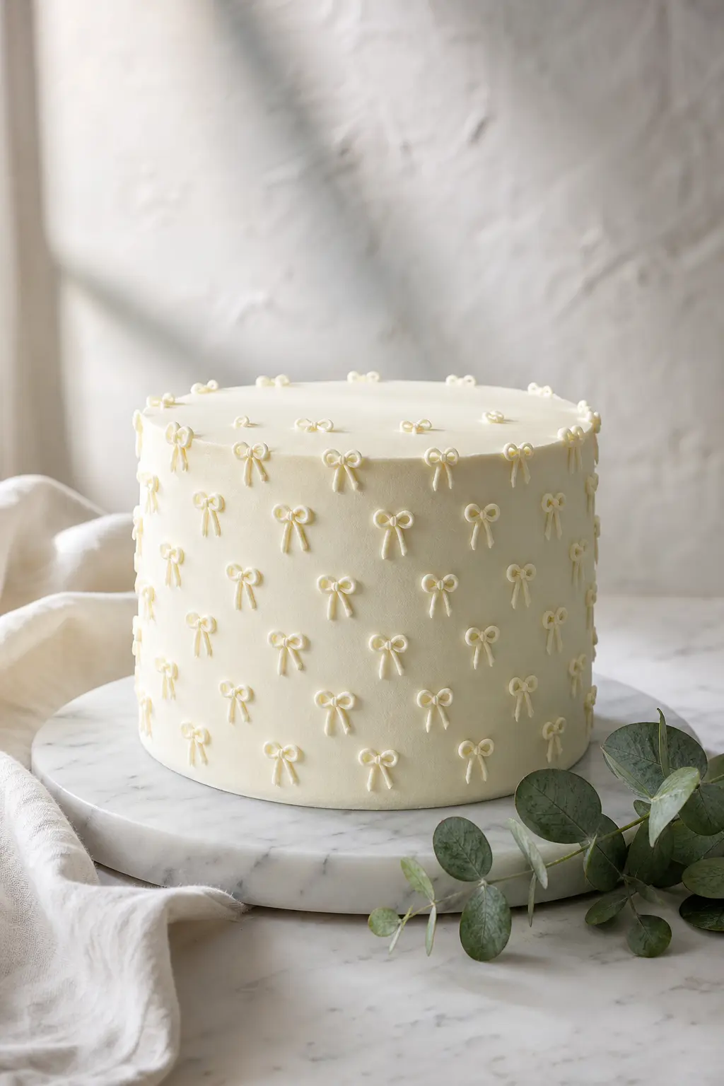 Smooth White Cake with Tiny Piped Buttercream Bows in a Grid