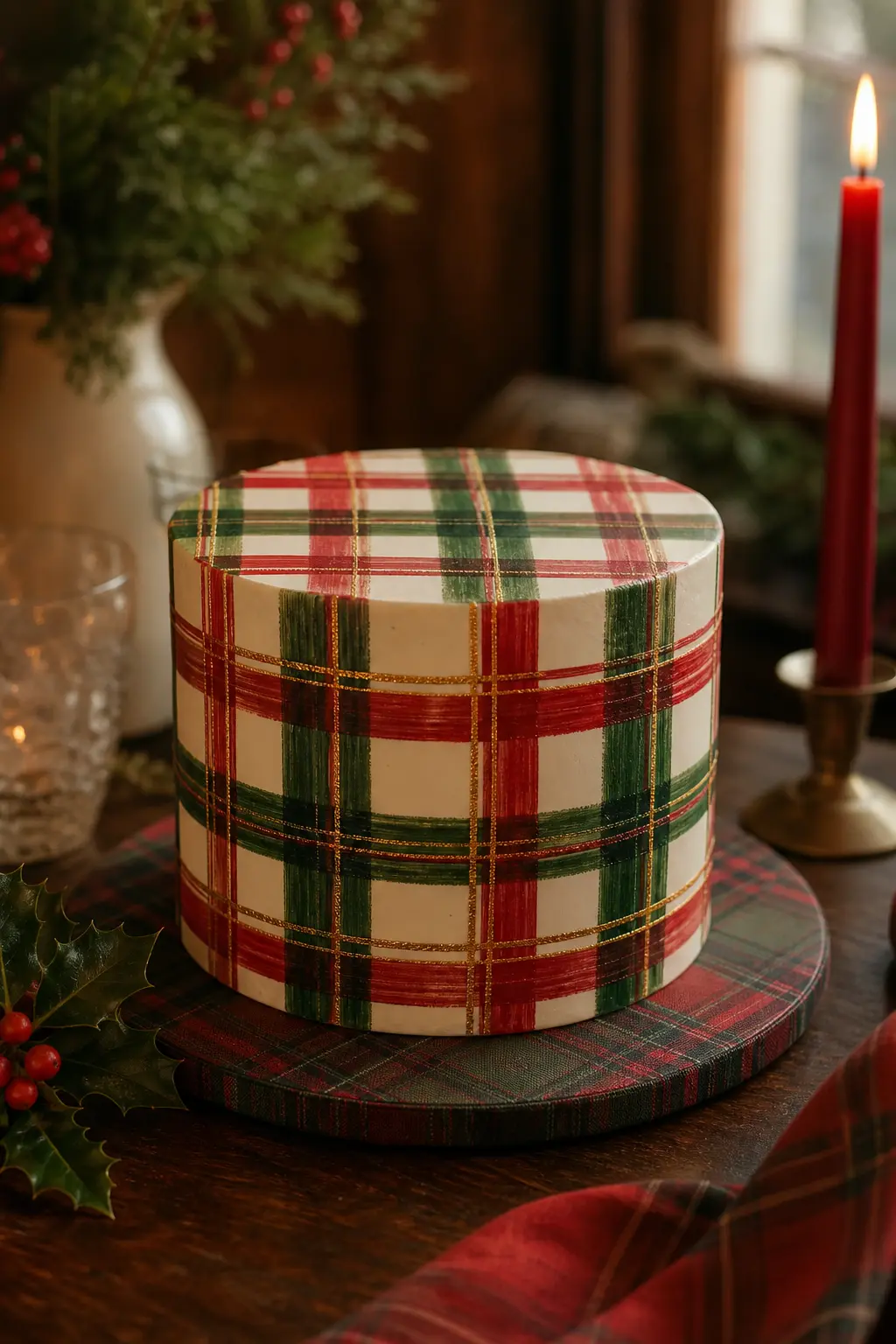 Tartan/Plaid Buttercream-Painted Cake in Red and Green