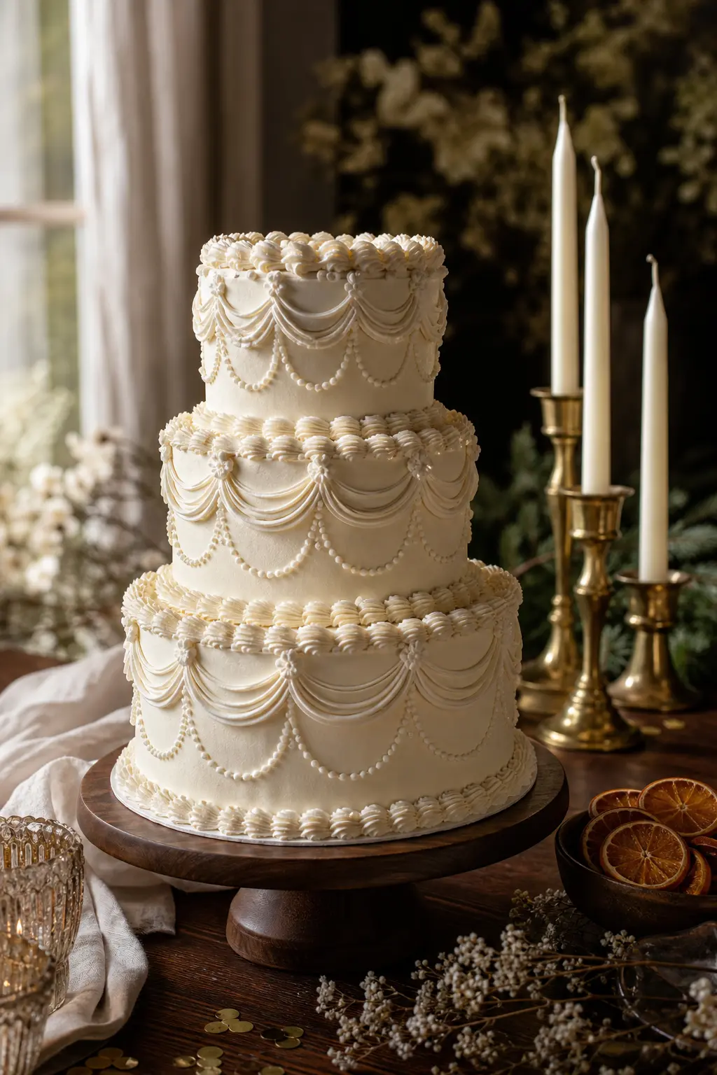 Vintage Lambeth-Piped Cake with Swags and Pearls in Cream