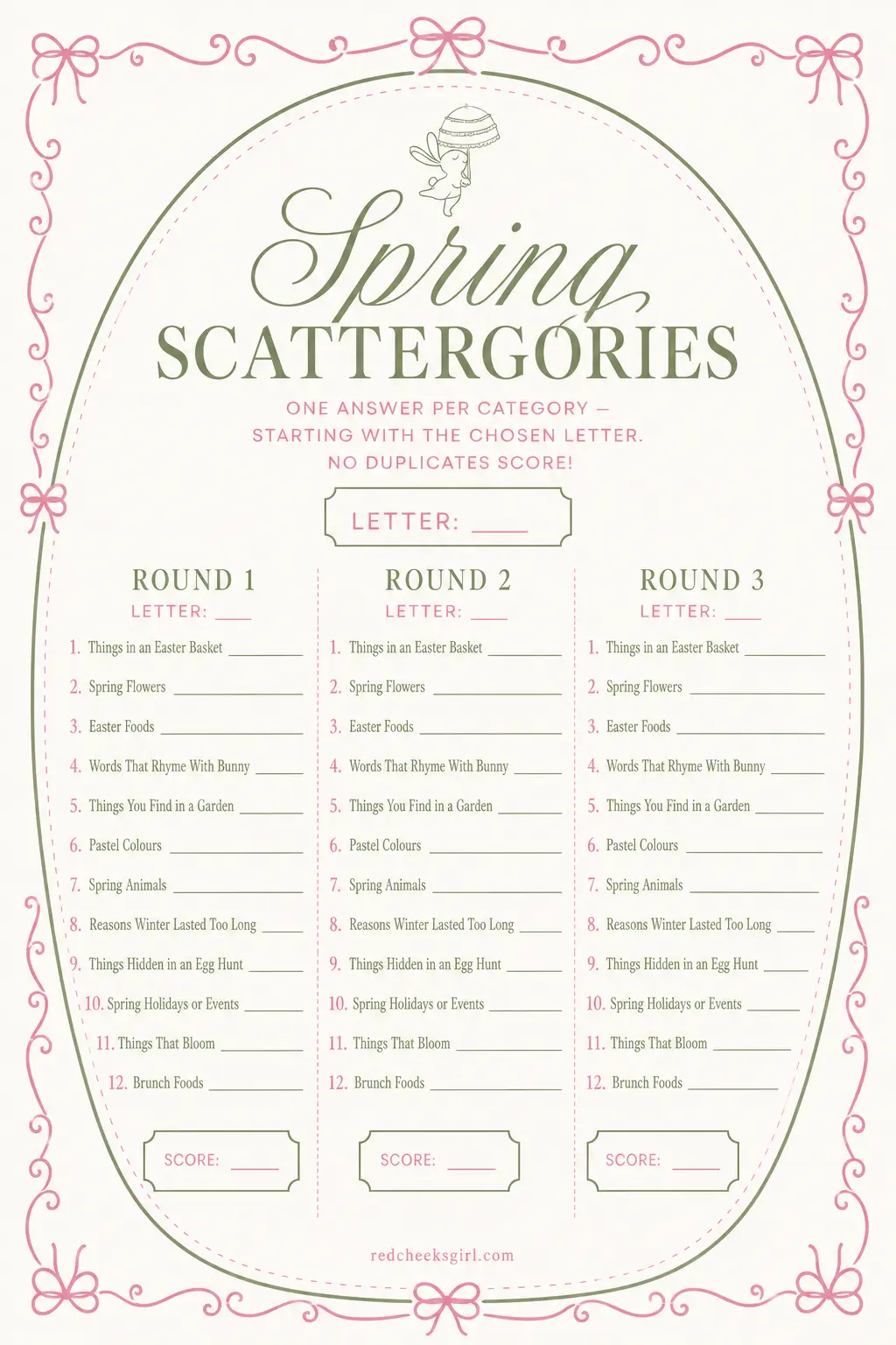 Spring Scattergories printable